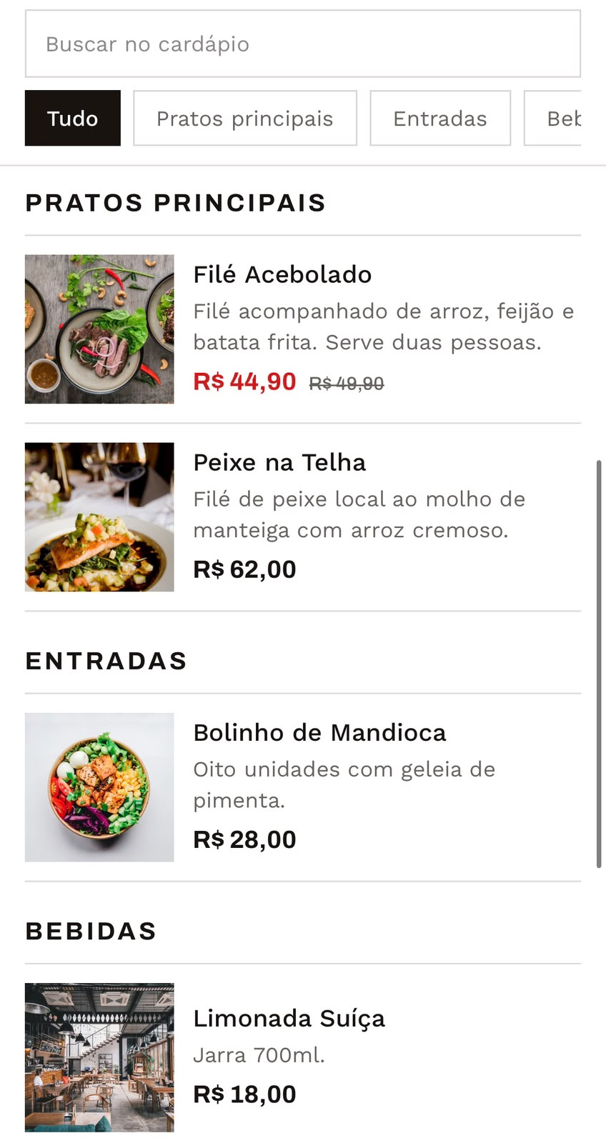 Cardápio digital aberto no celular